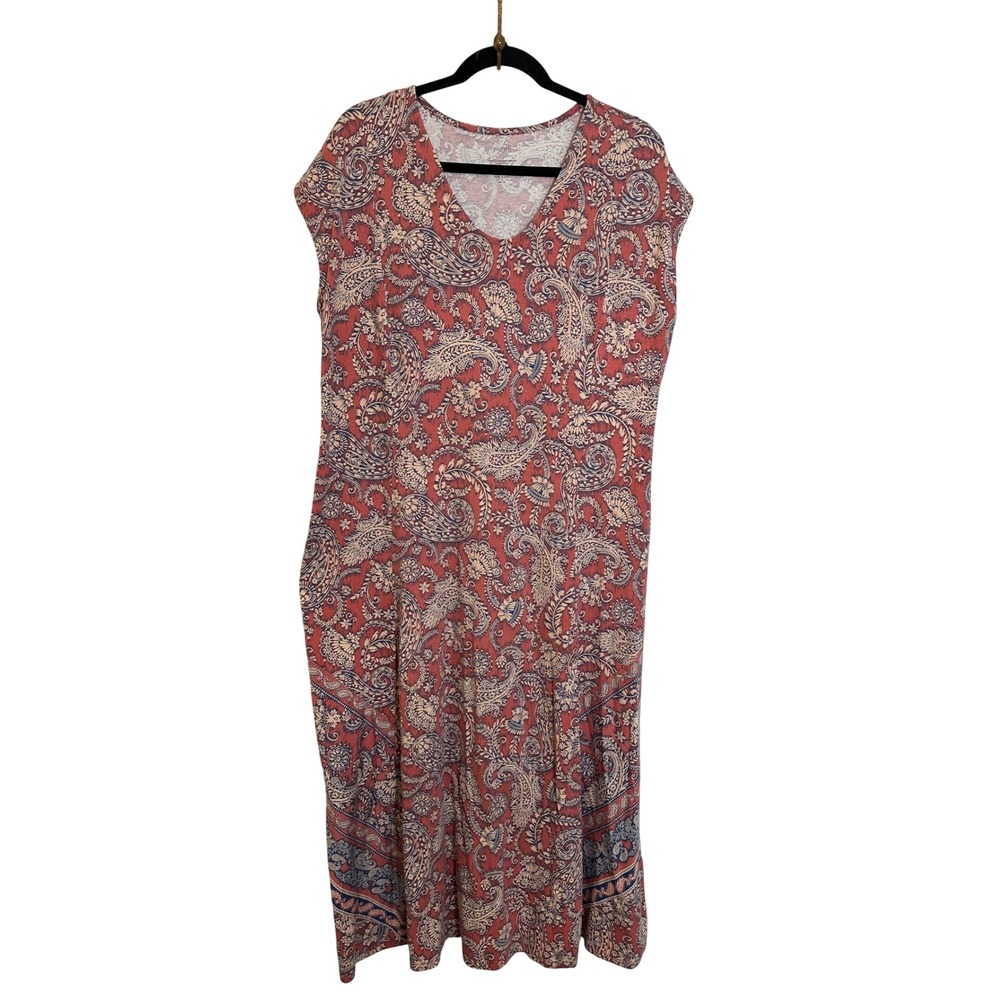 J. Jill Pure Jill Placed Border Knit Maxi Dress Size LP Petite Pink Blue Paisley